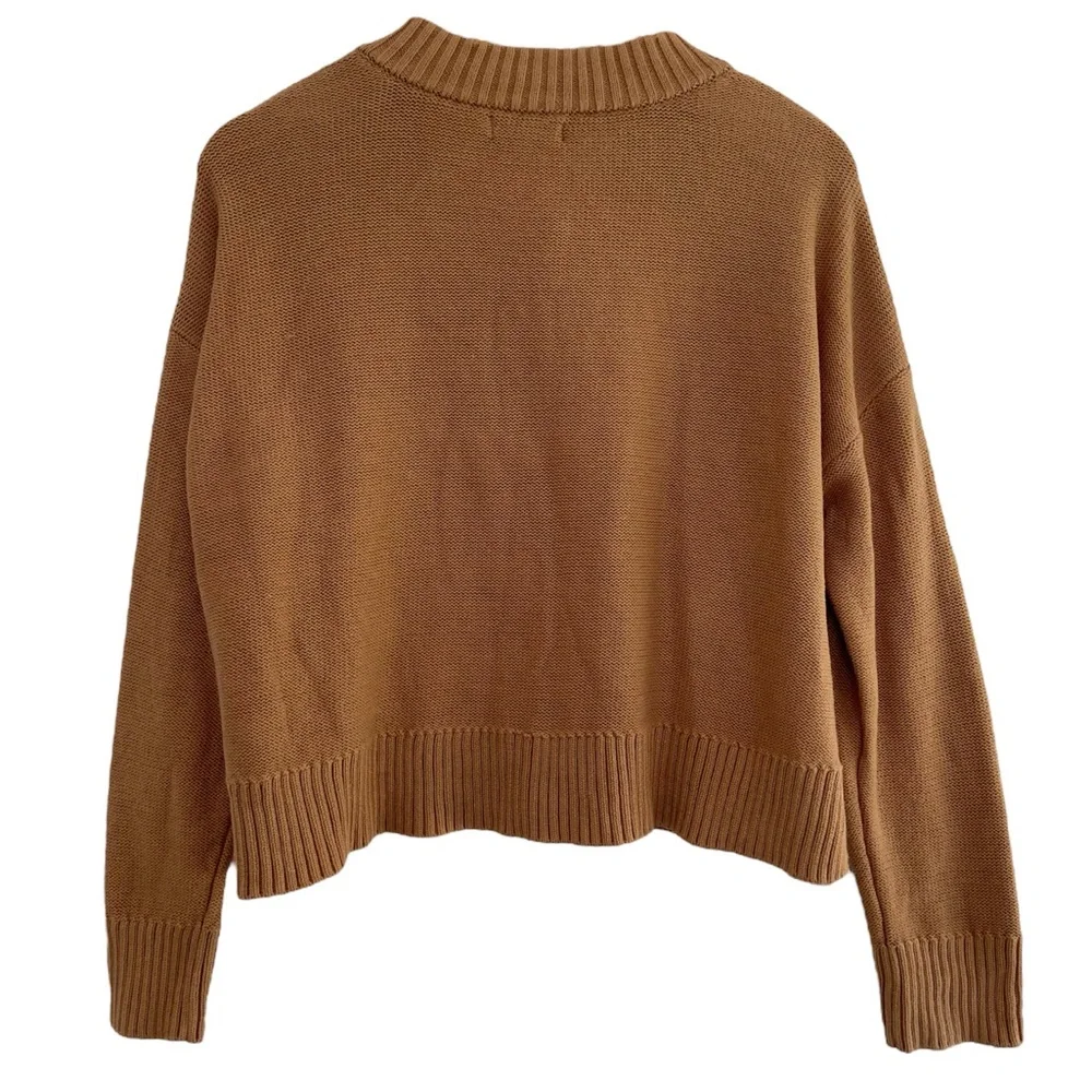 Quince Organic Cotton Cropped Cardigan Sweater Camel Brown Faux Horn Button Sz M - Picture 11 of 16